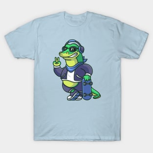 Cute Cool Crocodile With Skateboard And Wearing  Headphone Cartoon T-Shirt